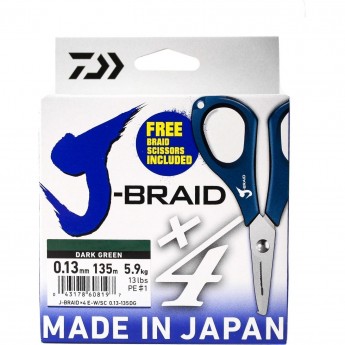 Шнур DAIWA J-Braid X4E-W/SC 0,13мм 135м dark green + ножницы Шнур DAIWA J-Braid X4E-W/SC 0,13мм 135м dark green + ножницы